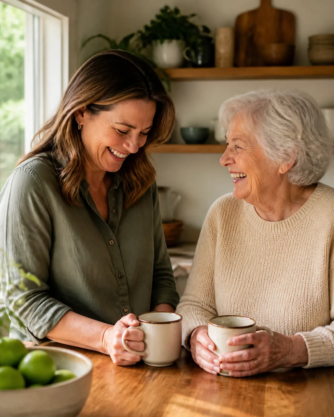 A daughter and her mother laughing together over coffee at a sunny kitchen table