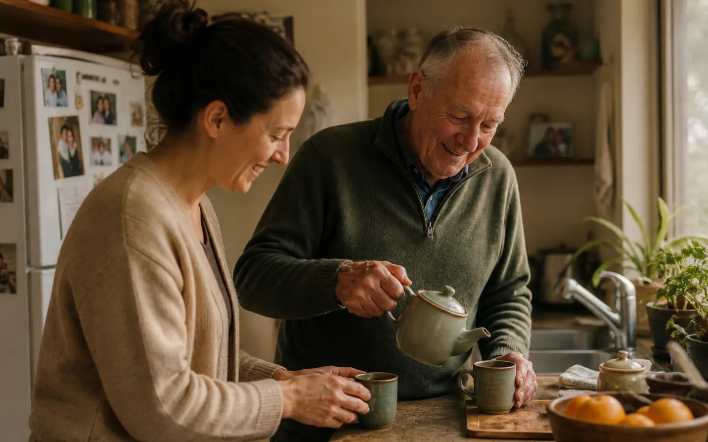 A caregiver and an older man sharing coffee in a lived-in kitchen
